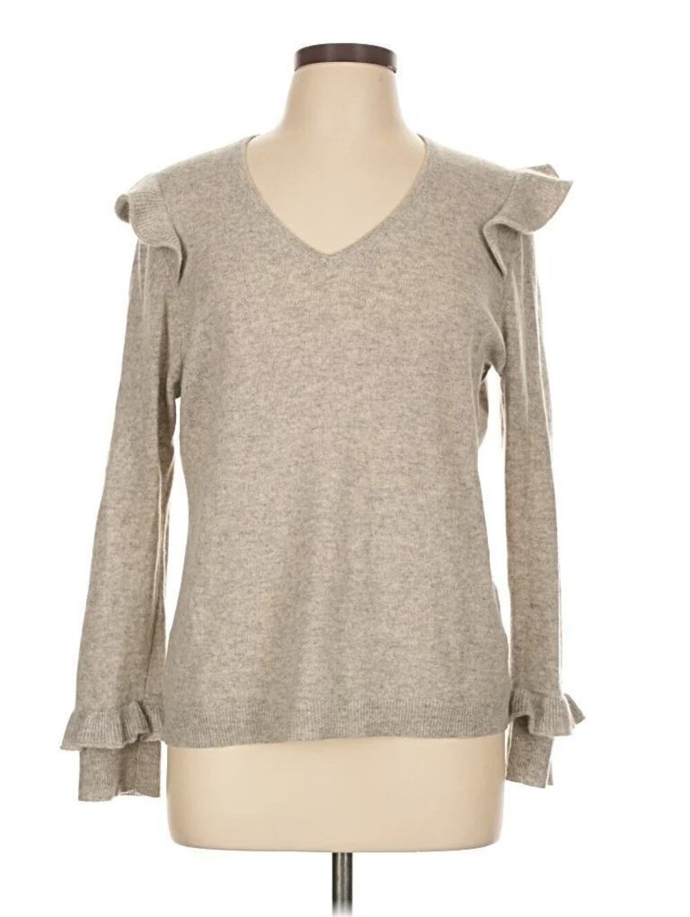 Charter Club Large $199 Beige Tan 100% Cashmere Ruffle Shoulder Cuff Sweater